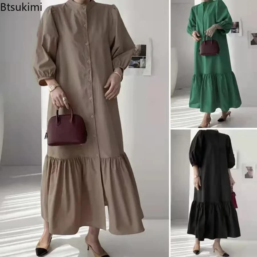 Fashion Summer Dress for Women Vintage Ruffles Hem Cardigan Long Dresses Women Elegant Casual Sundress Party Vestidos Robe Femme