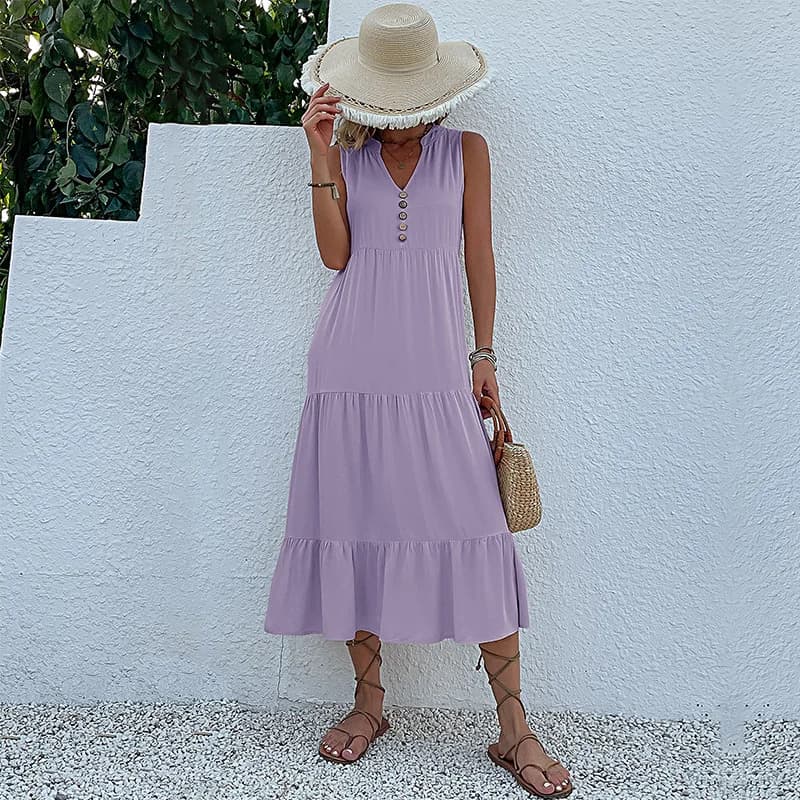 Casual Summer Midi Dress Sleeveless V-Neck