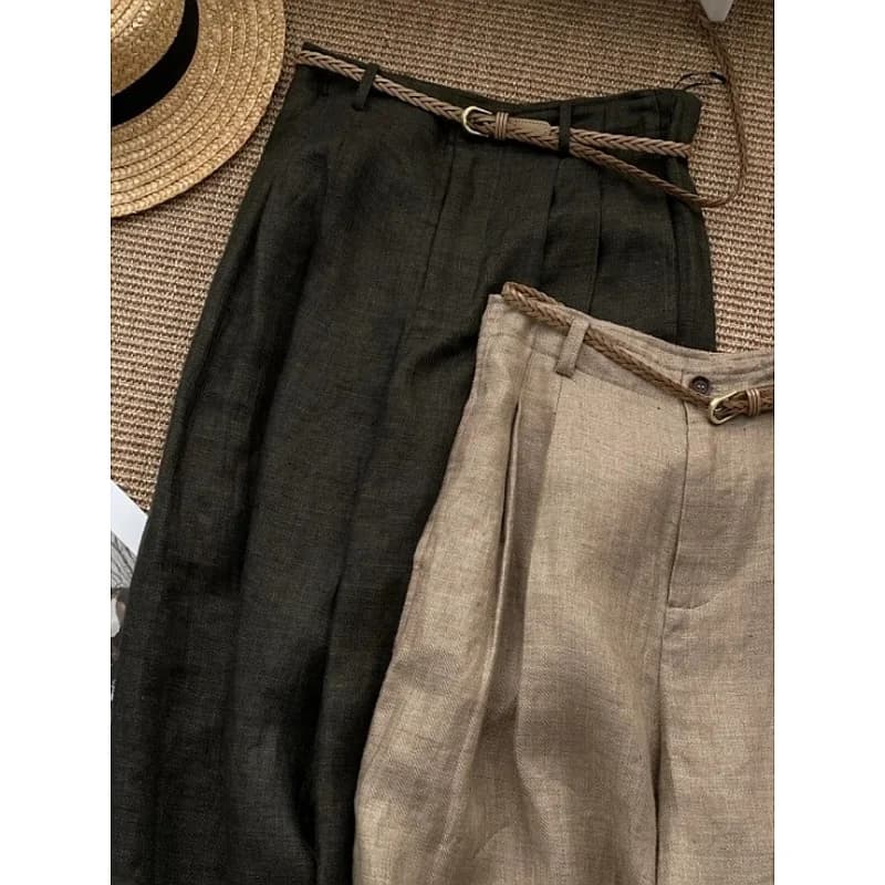 Khaki Linen Wide-Leg High-Waist Summer Pants