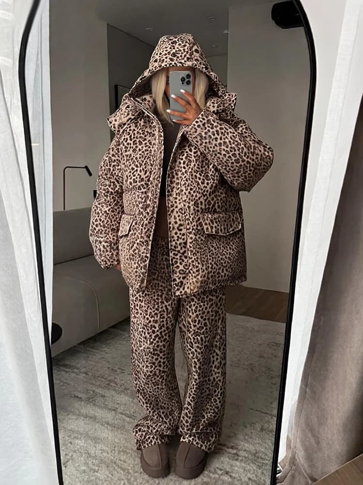 Women's Striped Hooded Padded Jacket and Lantern Pants Set