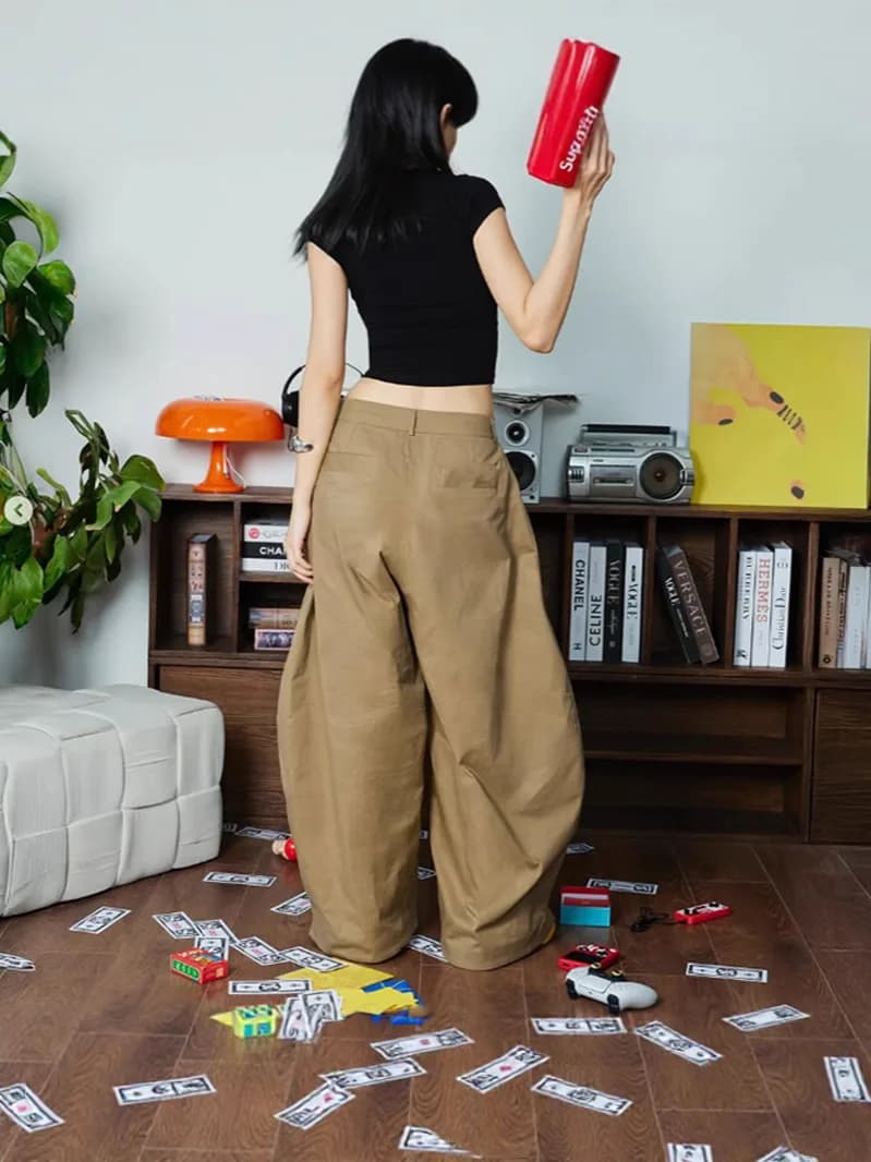 Khaki Pleated Wide Leg Balloon Pants