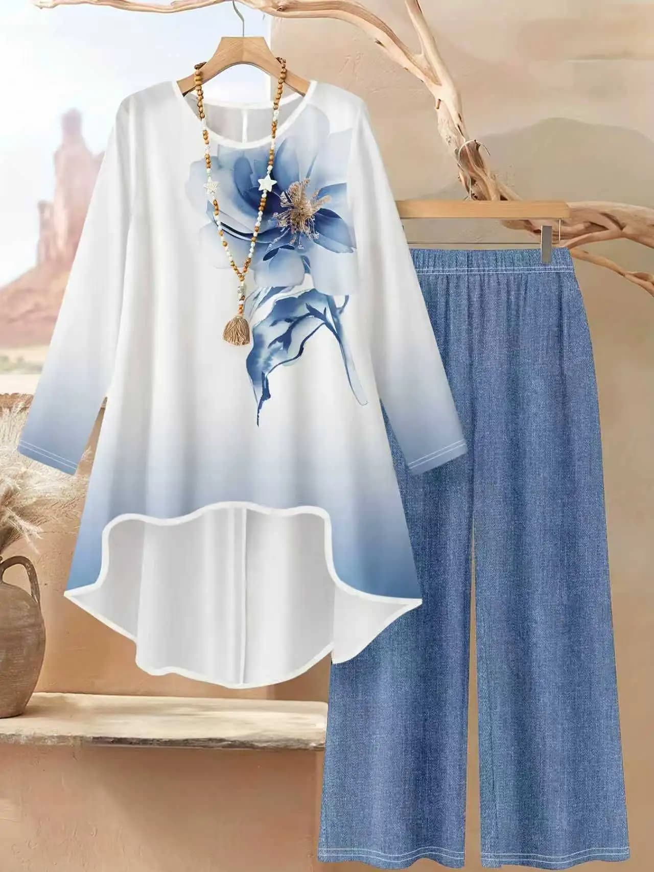 Women's Fashion 2-Piece Set, Women's Loose-Fitting Round-Neck Long-Sleeve Top with Watercolor Floral Print and Wide-Leg Pants Set, Suitable for Everyday Wear
