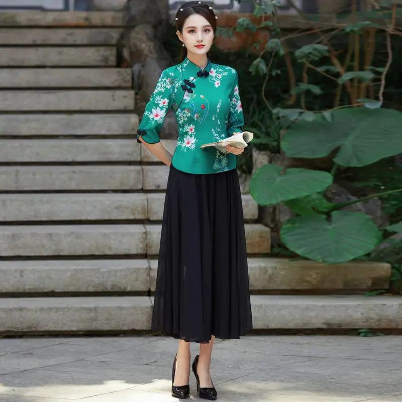 Embroidered Qipao Cheongsam Top with Pants Set