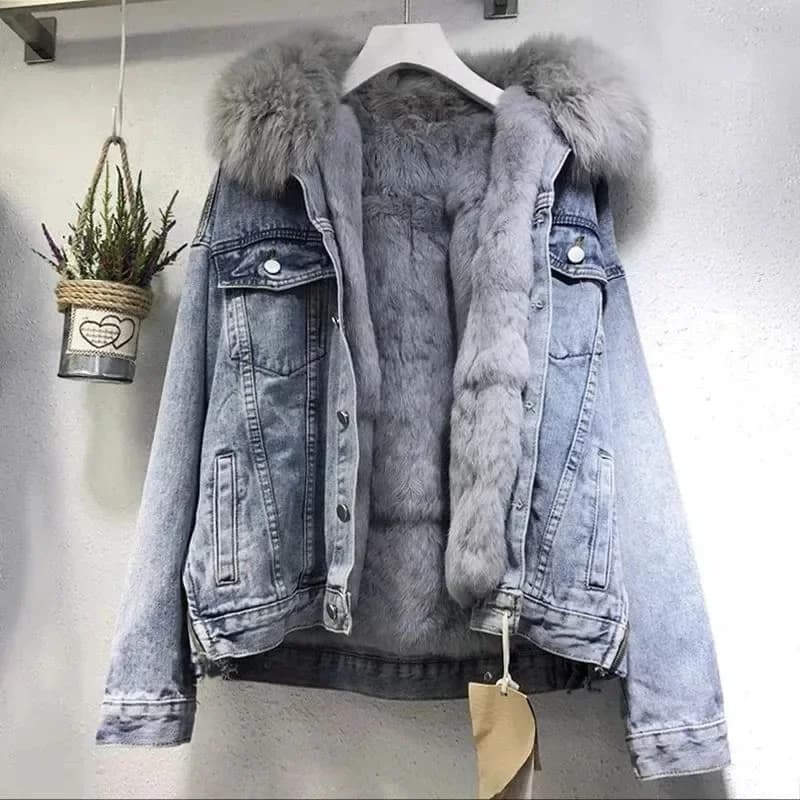 Women's Winter Denim Jacket with Fur Collar