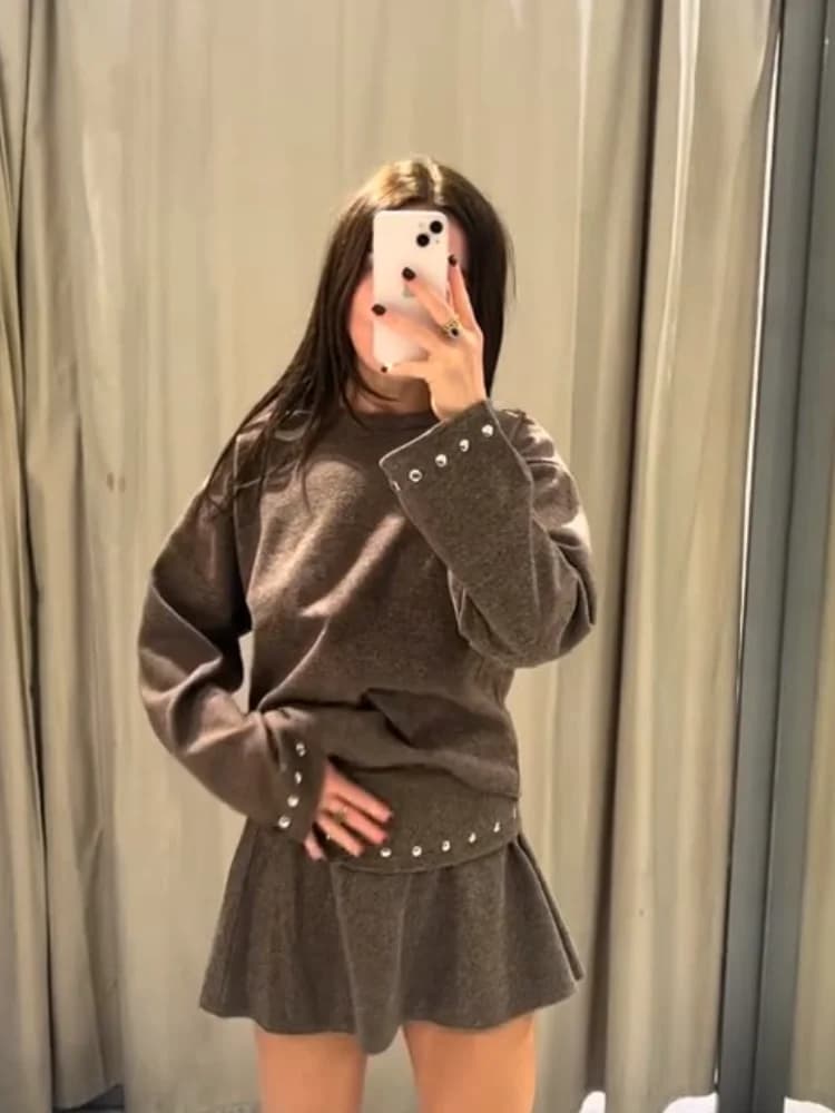 Knitted Sweater and Pleated Skirt Set