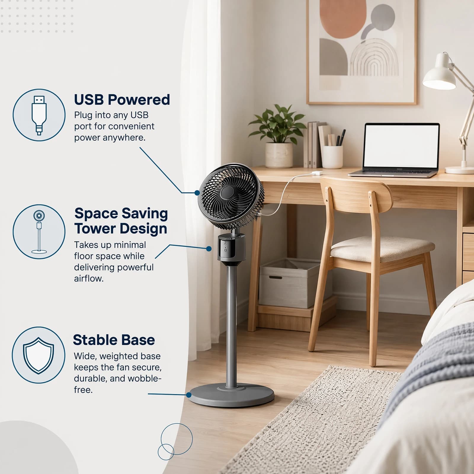 Pedestal Floor Fan USB Direct Plug Quiet 3-Speed