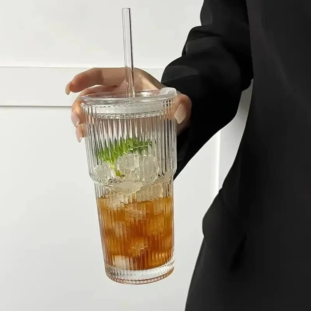 Glass Cup with Lid and Straw Set