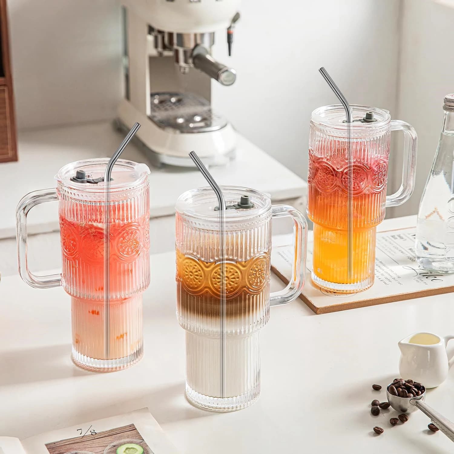 500 ML Ribbed Glass Tumblers with Lids and Straws