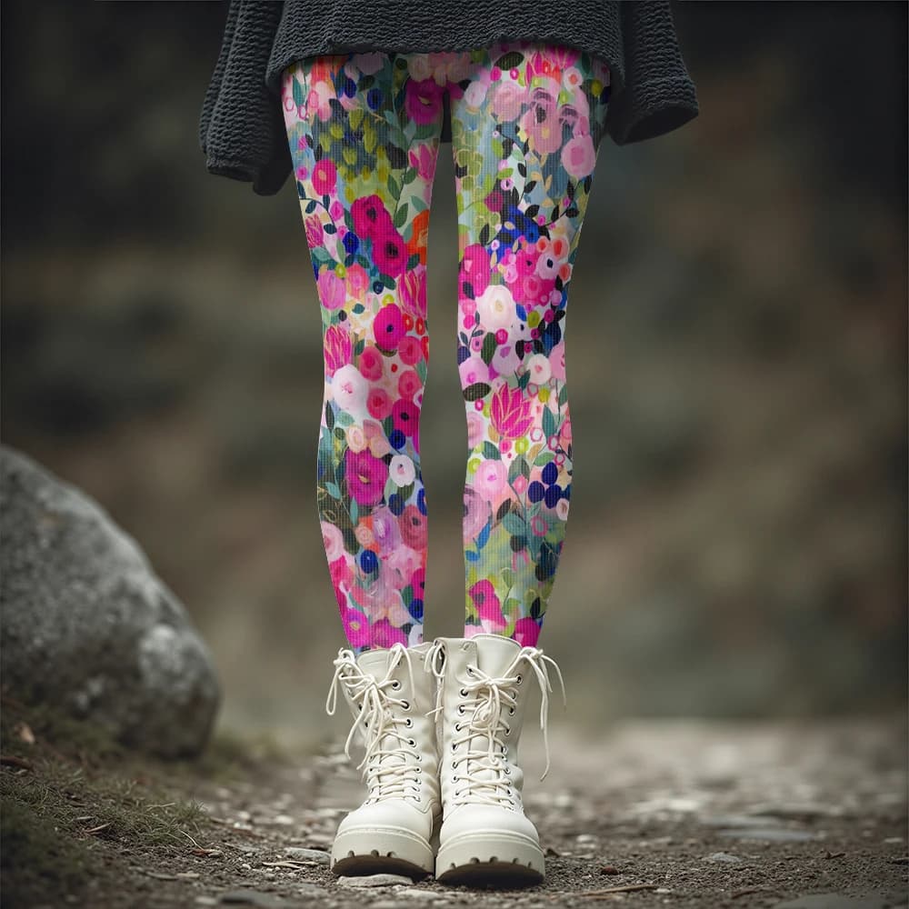 Colorful Blooming Flowers Pattern Women's Leggings Autumn Winter Warm Fashion Tights Stylish Outdoor Look Fashion Streetwear
