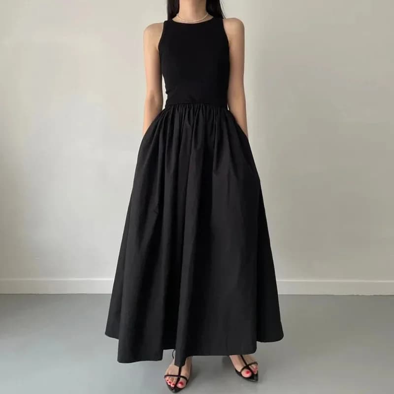 Female Fashion Style Dress New Summer Simple Elegant Black Long Dresses For Women Round Neck Sleeveless High Waist Temperament