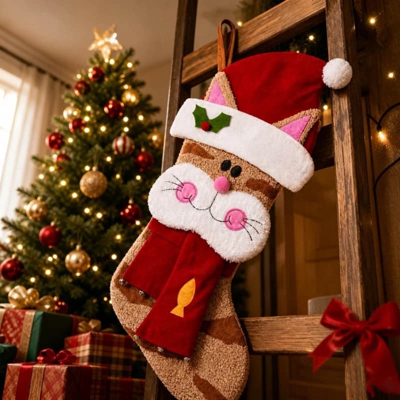 Plush Holiday Cat Stocking Decoration