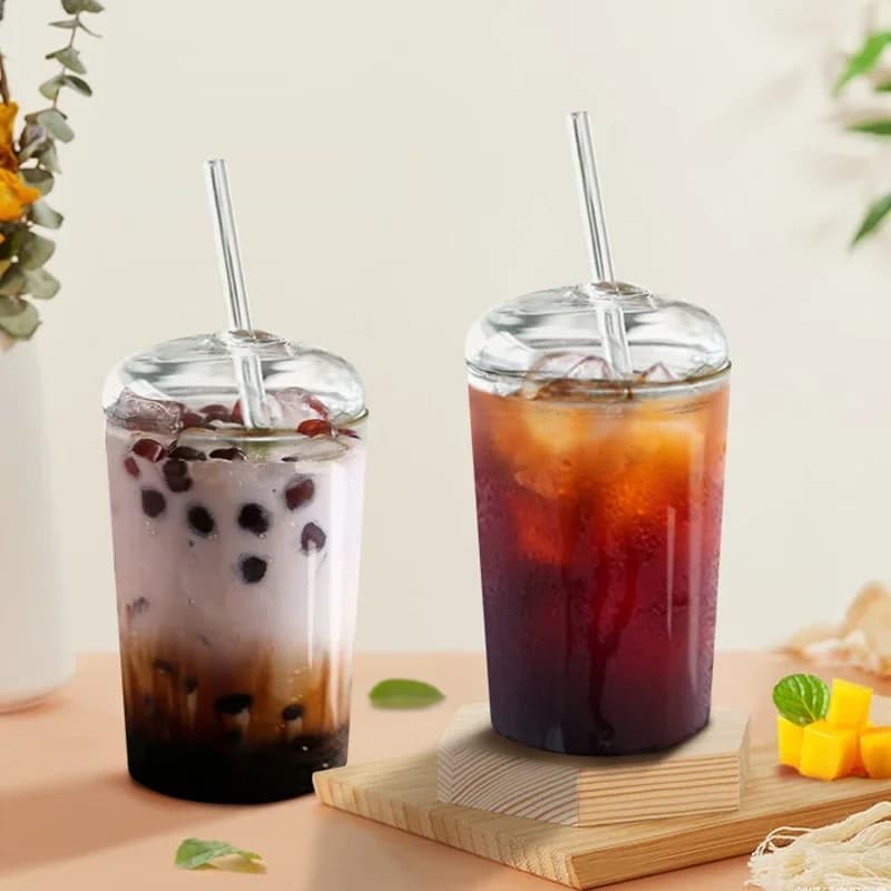 Can-Shaped Glass Drinking Cup with Dome Lid