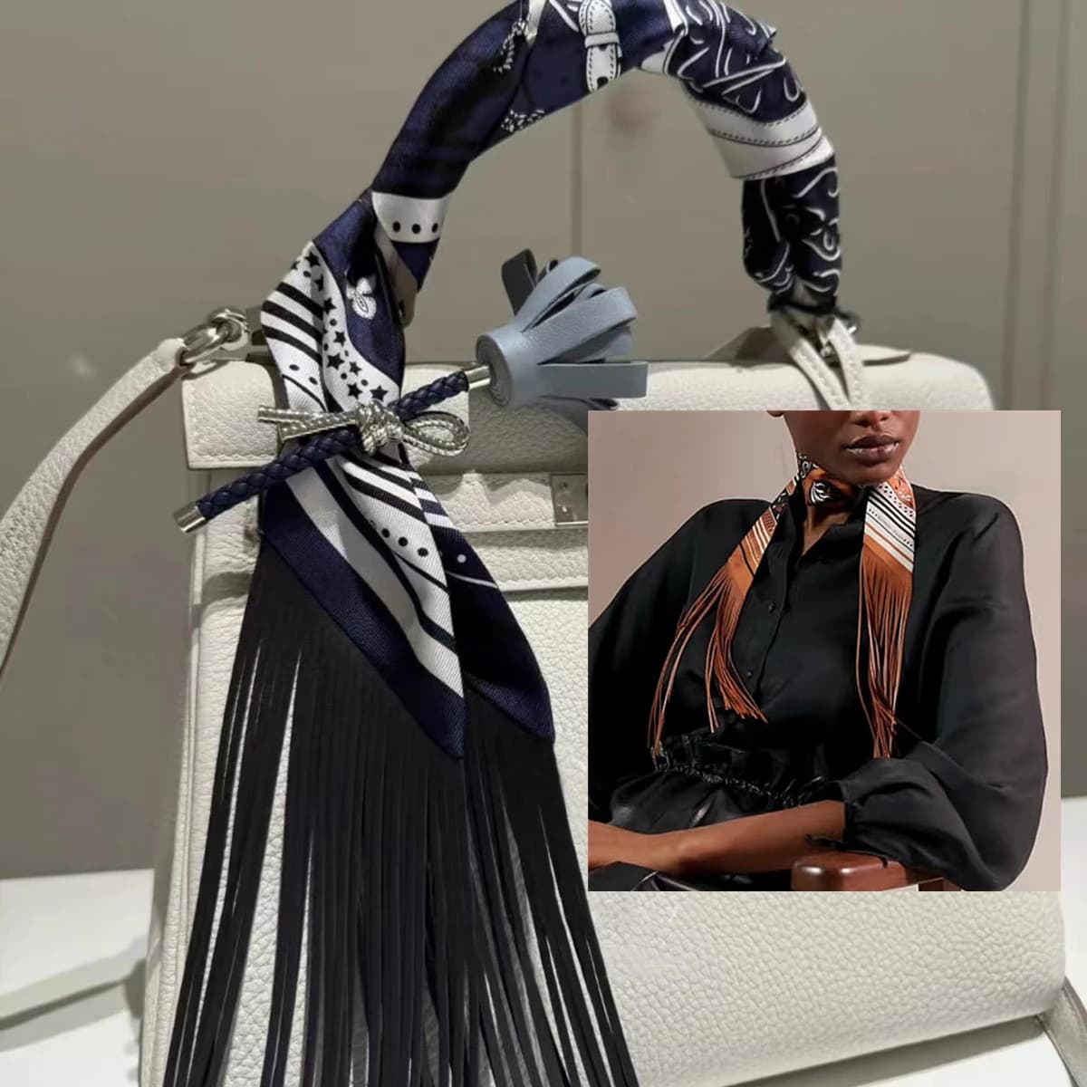 Tassel Scarf Fashion Design Women Scarf Brand Silk Scarf Hair Headband Foulard Skinny Bag Scarves Neckerchief Handbag Decoration