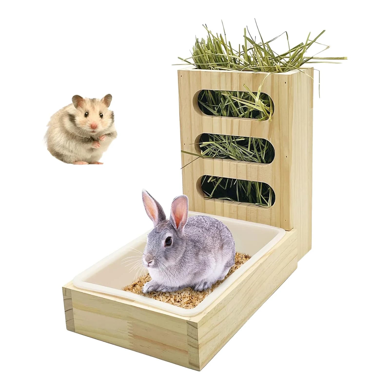 Wooden Hay Feeder with Litter Box for Small Animals