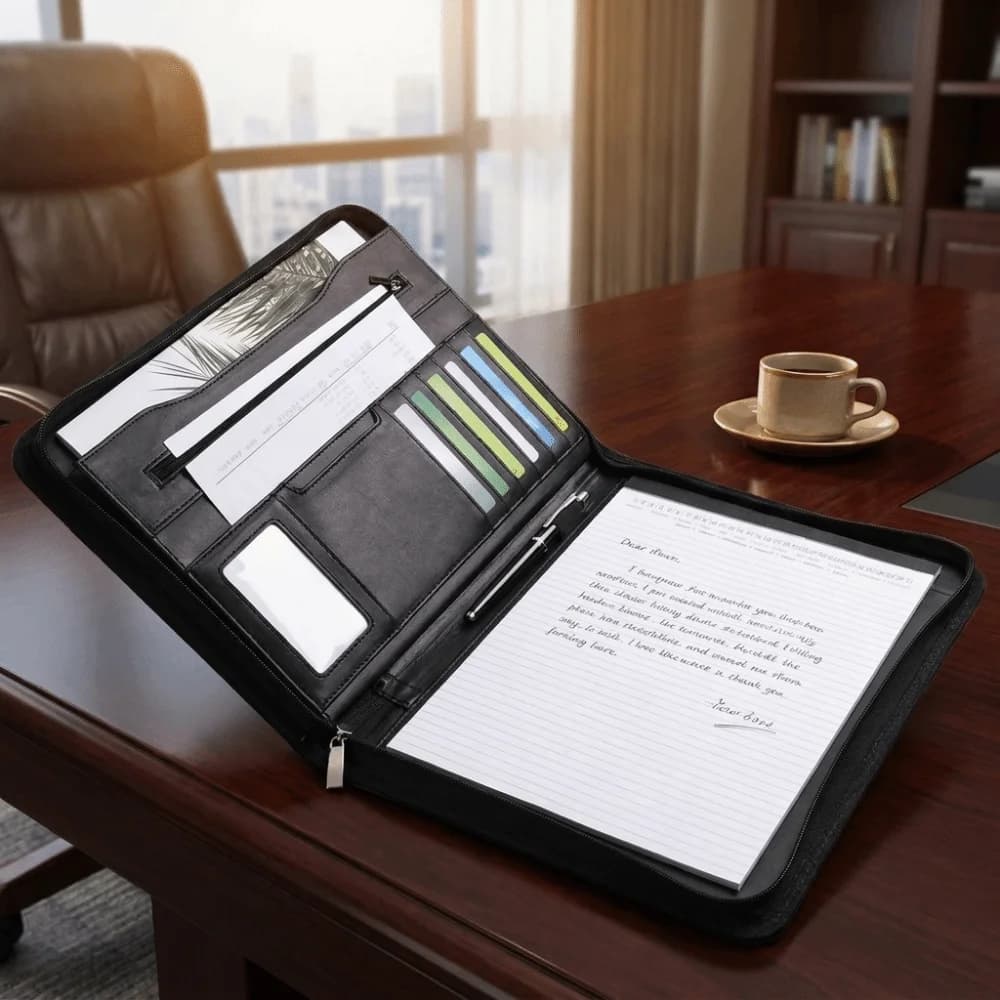 Office Supplies A4 PU Document Folder with Zipper Durable Padfolio Waterproof Multi-functional Document Organizer Meeting