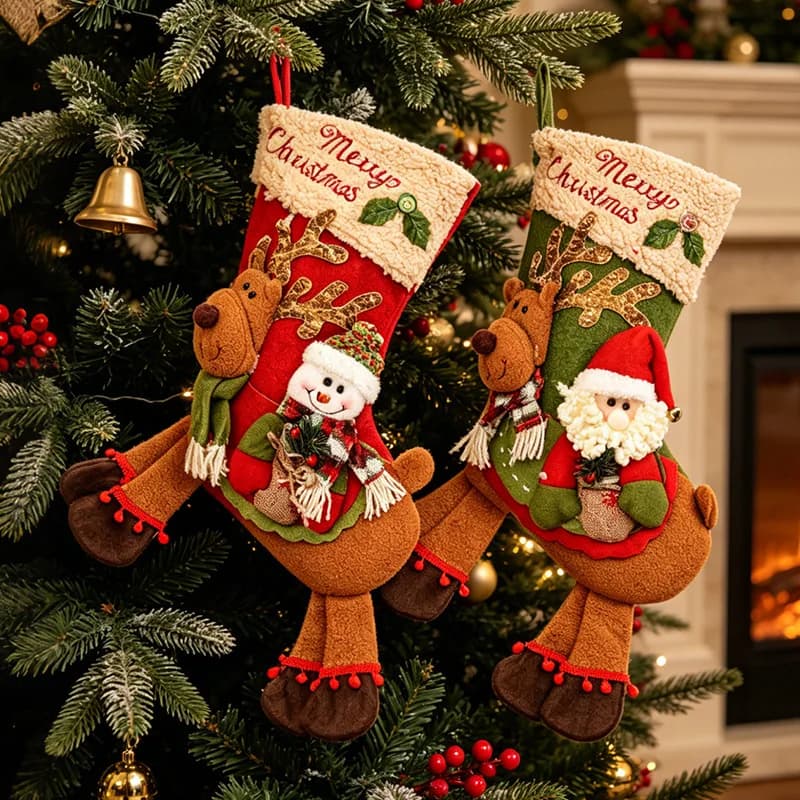 Plush Christmas Stocking with Santa and Reindeer