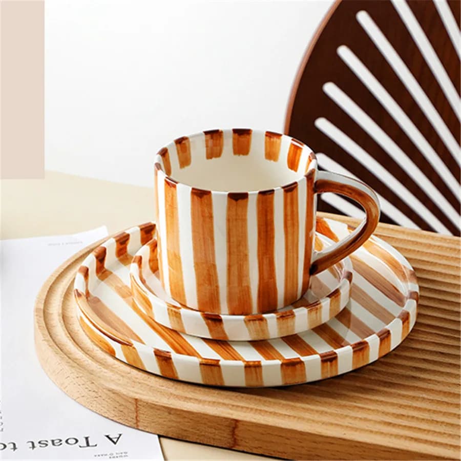 Ceramic Striped Coffee Cup with Plate
