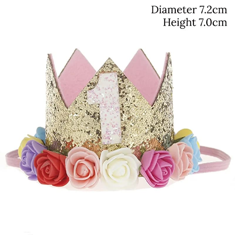 Baby Birthday Decoration Girl 1 2 3 Years Crown Hat Pink White Flower Sequins Crown 1st birthday Photo Prop Happy Birthday Gifts