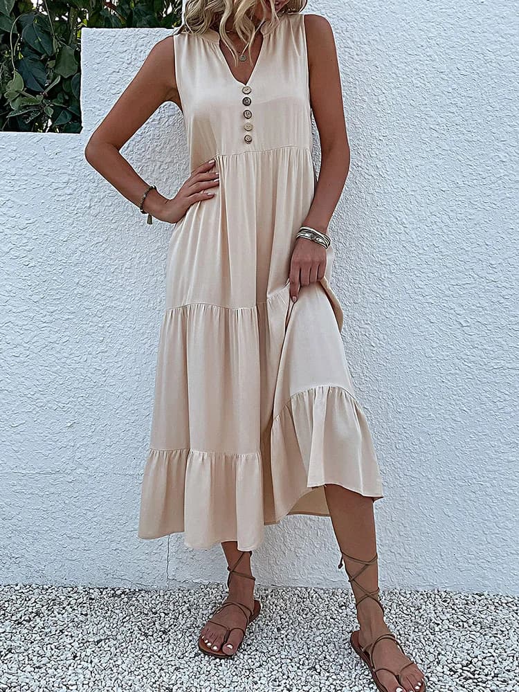 Casual Summer Midi Dress Sleeveless V-Neck