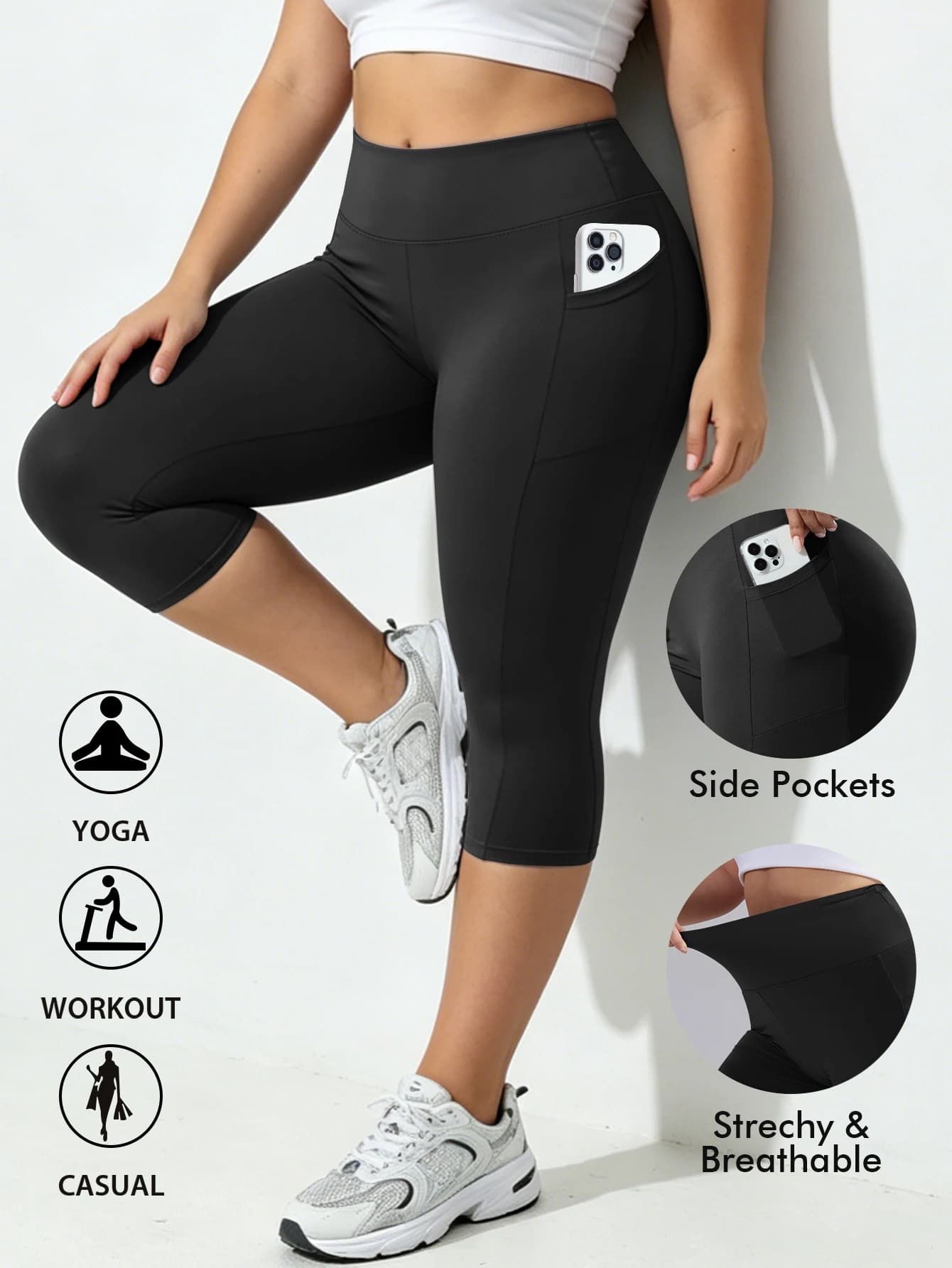 Plus Size Capri Leggings with Pockets and Tummy Control