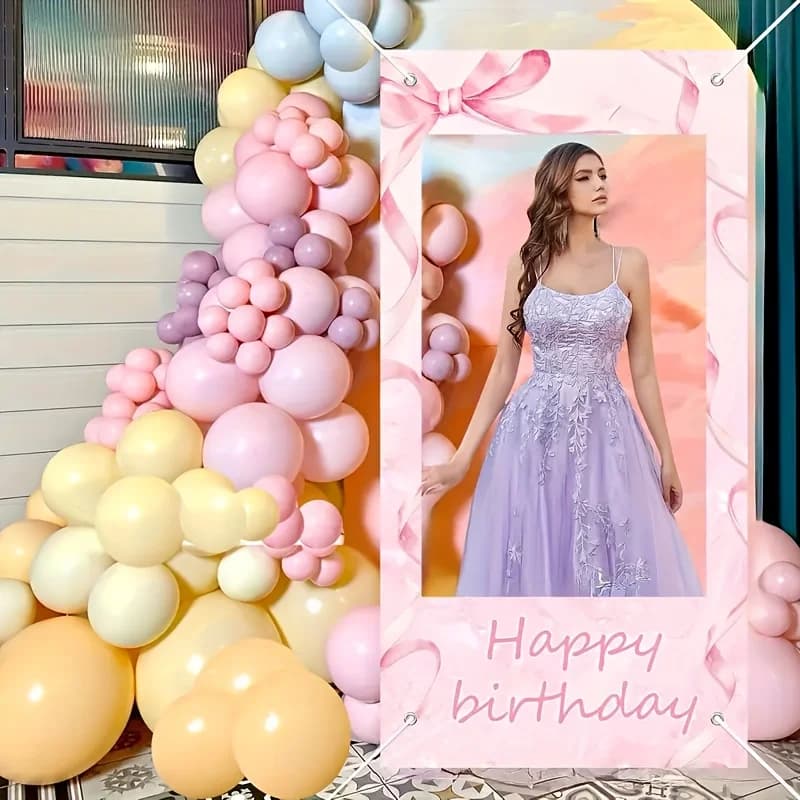 Sweet Pink Bow Happy Birthday Party Photo Booth Props - Birthday Photo Background Banner