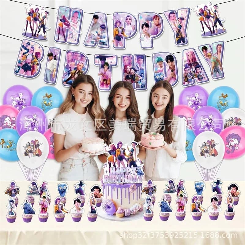 Birthday Kpop DIY Party Decoration Girl Group Themed Banner Flag Pulling Cake Inserting Balloon Background Cloth Insertion Set
