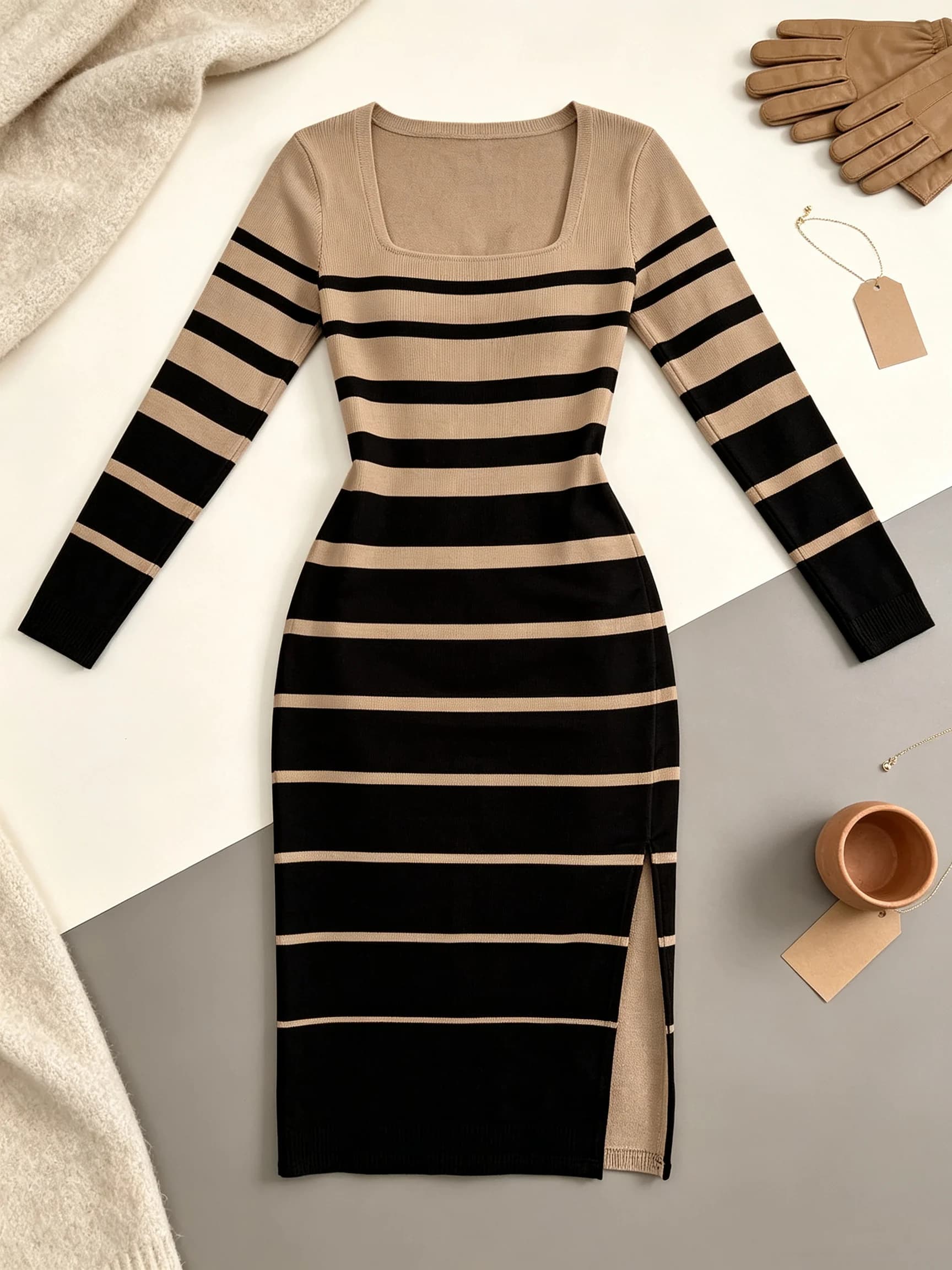 Women's Striped Maxi Dress with Square Neck