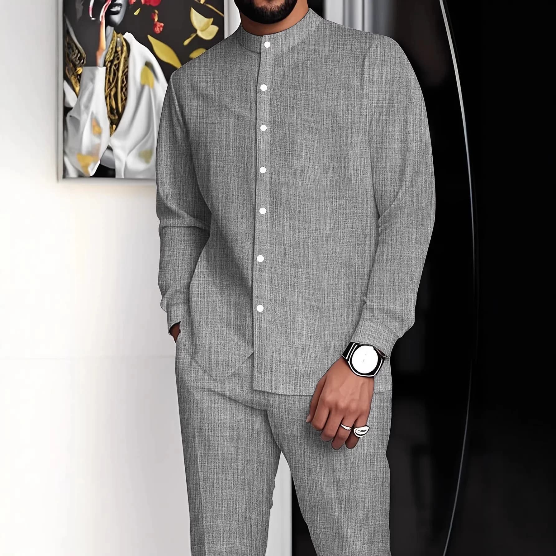 Ethnic Stand Collar Shirt and Pants Set