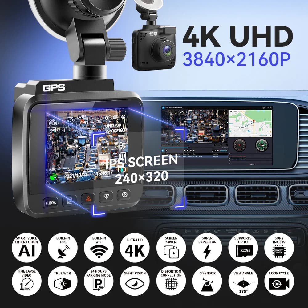 Dash cam single recording 4K, dual recording front 2K rear 1080P with WiFi GPS tracking