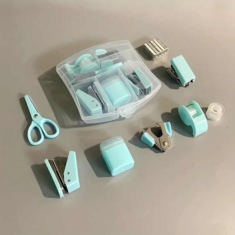 8 PCS Mini Office Supplies Set with Portable Case - Including Scissors Tape Box Pencil Case Puncher and Staples