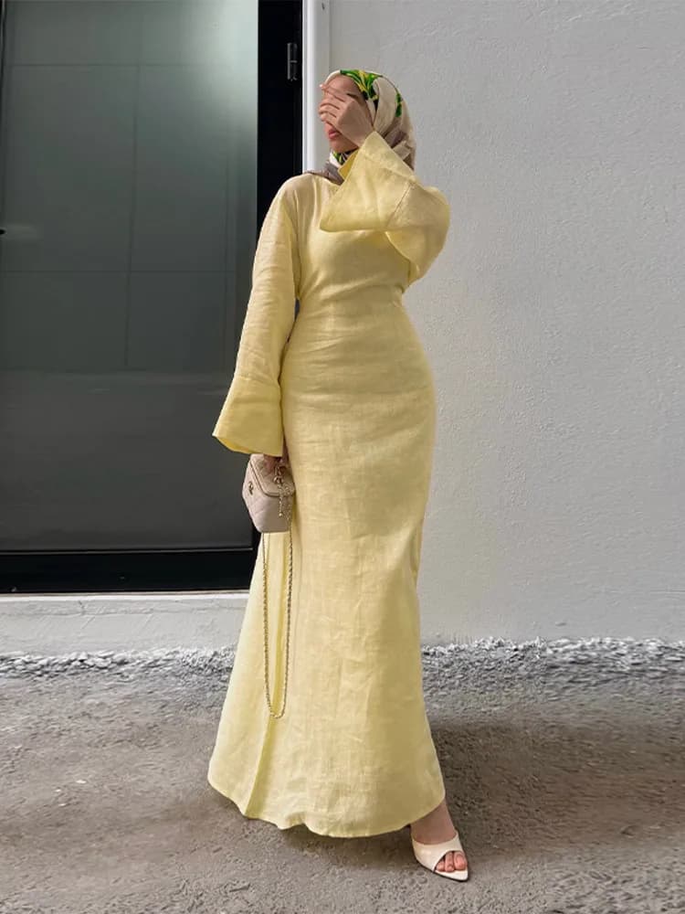 Women' Dresses Elegant O-Neck Cotton Lined Back Lace Up  Flare Sleeve Waist Cinching Long Robes Female Summer Lady Dress