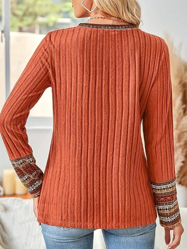 Ethnic Patchwork Ribbed Tunic Blouse