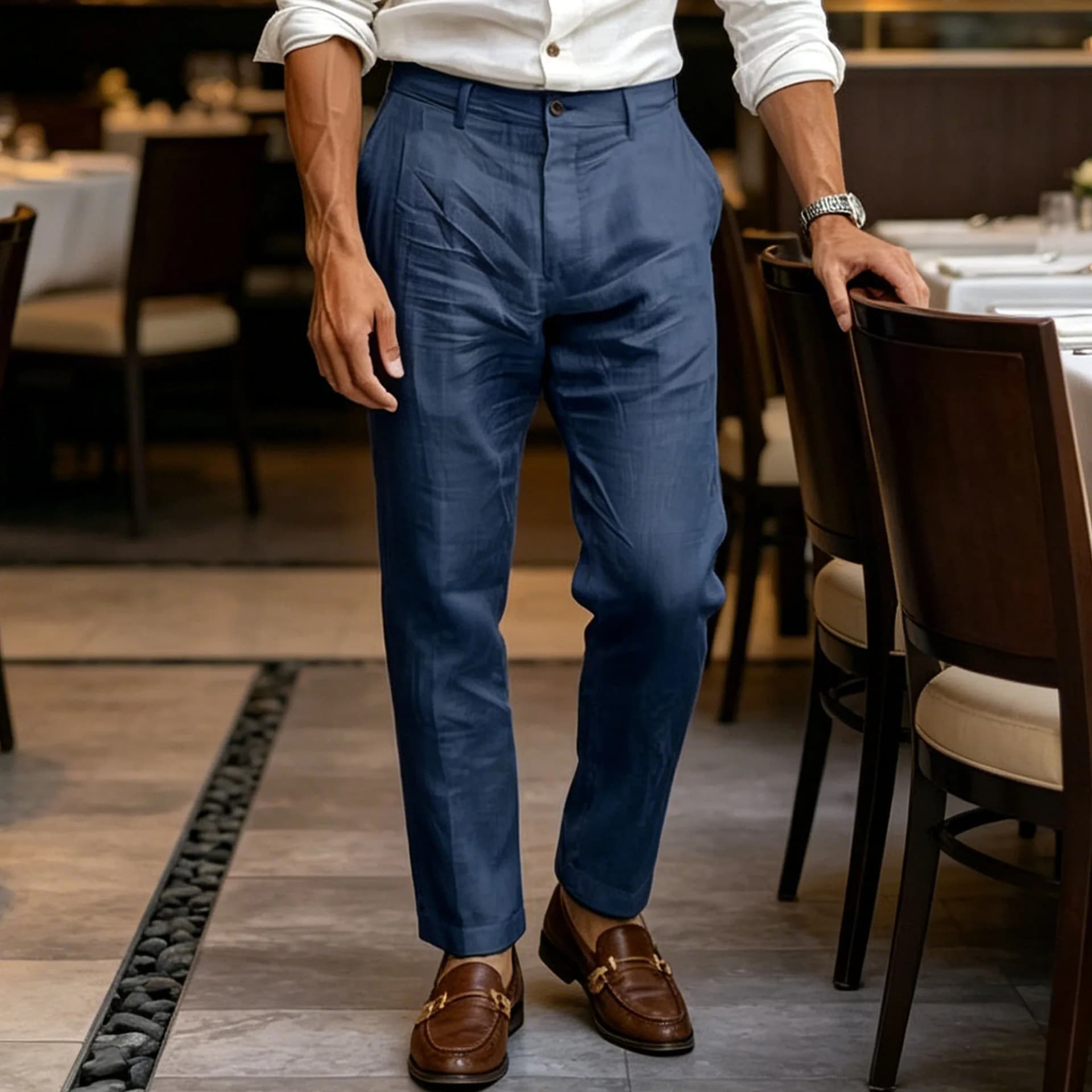 Men's Khaki Linen Blend High Waist Tapered Ankle Pants