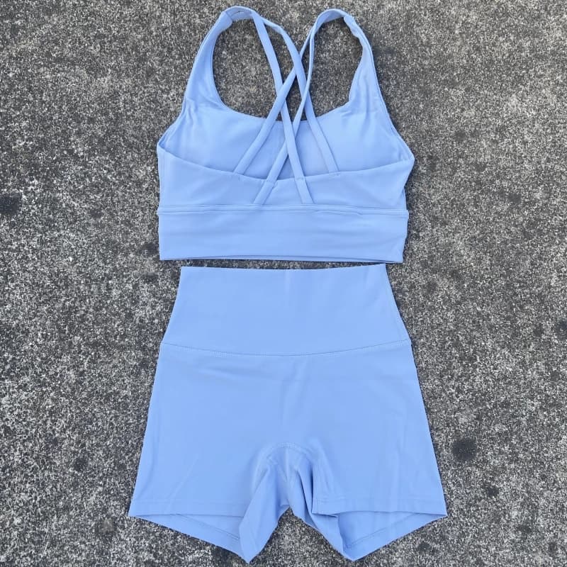 Yoga Shorts Set Gym Sports Set Women Workout Clothes 2 Piece Fitness Suit Cross Straps Bra High Waist Shorts Running Tracksuit