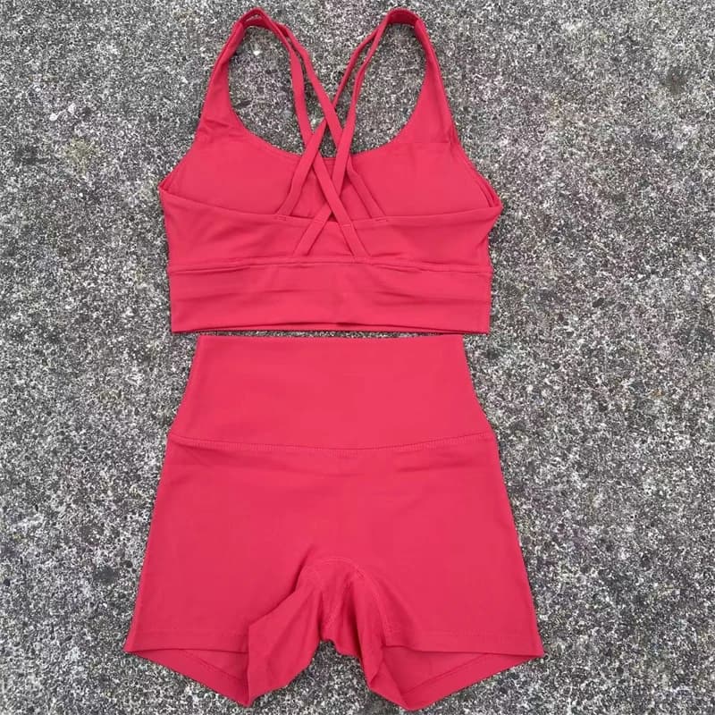 Yoga Shorts Set Gym Sports Set Women Workout Clothes 2 Piece Fitness Suit Cross Straps Bra High Waist Shorts Running Tracksuit