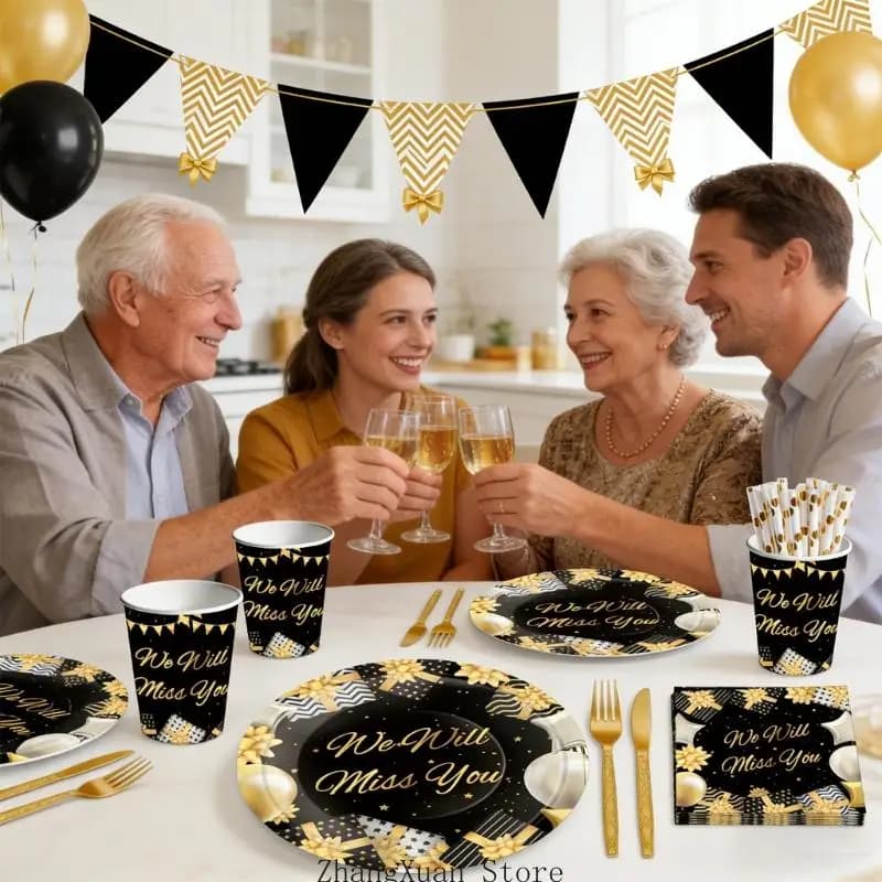 Elegant Dark And Shimmering Retirement Party Decorations Set Designed With High Quality White Cardstock For A Special