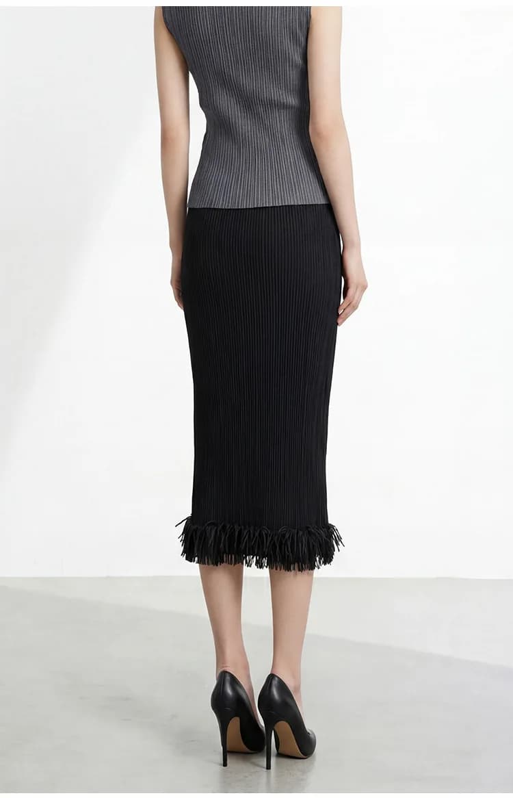 Black Pleated Pencil Skirt with Elastic Waist