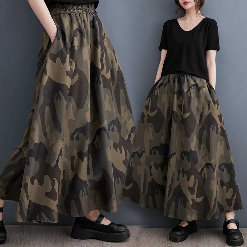 Camouflage Print A-Line Maxi Skirt