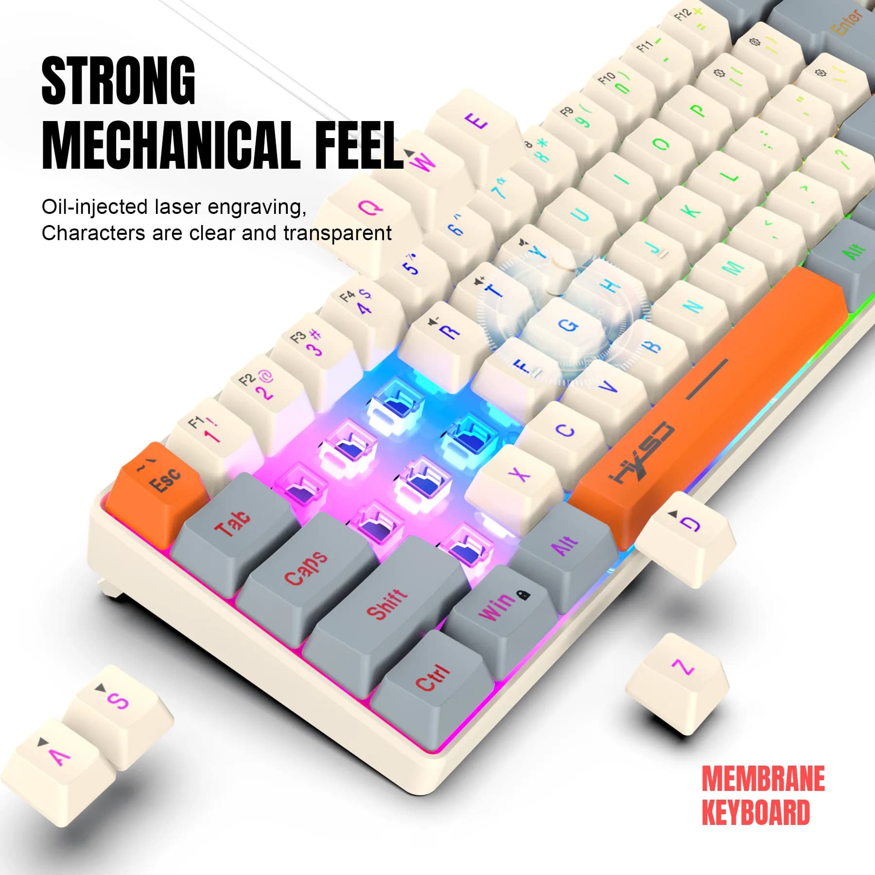 Teclado Gamer Color Game Film Keyboard 65% Key-Line Separation RGB Backlit Multi-Function Wired USB Keyboards Gaming PC Branco