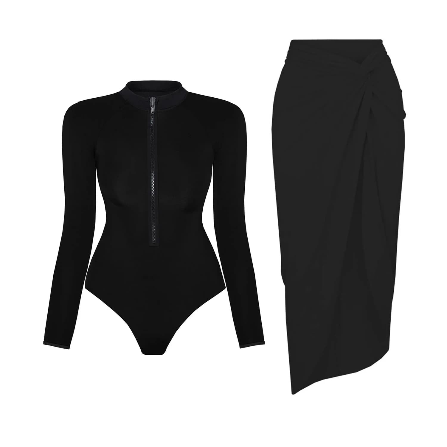 Black White Patchwork Long Sleeve One-Piece Swimsuit