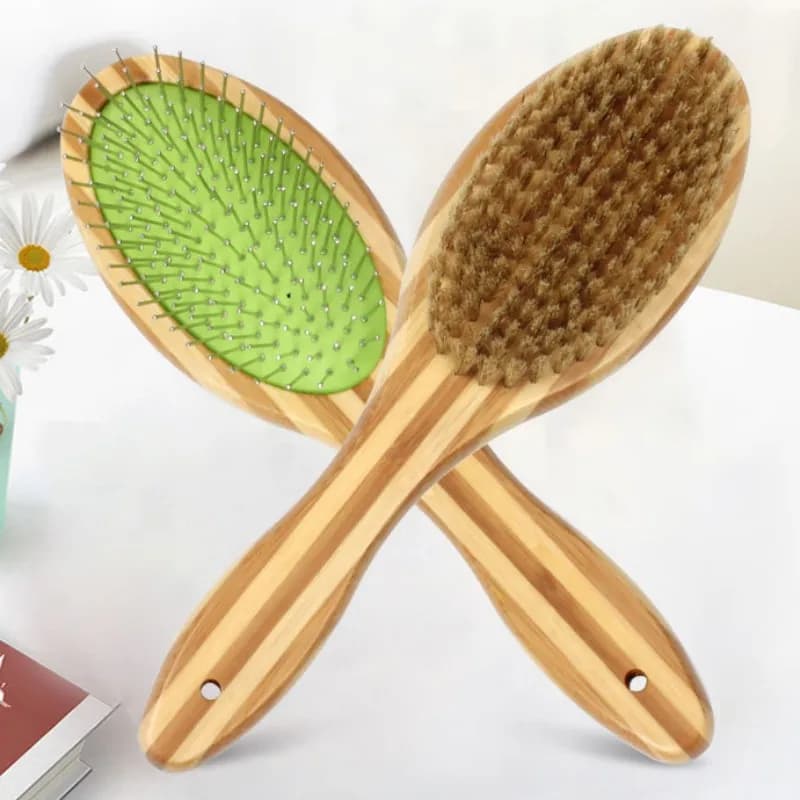 Bamboo Double-Sided Dog Brush with Stainless Steel Teeth