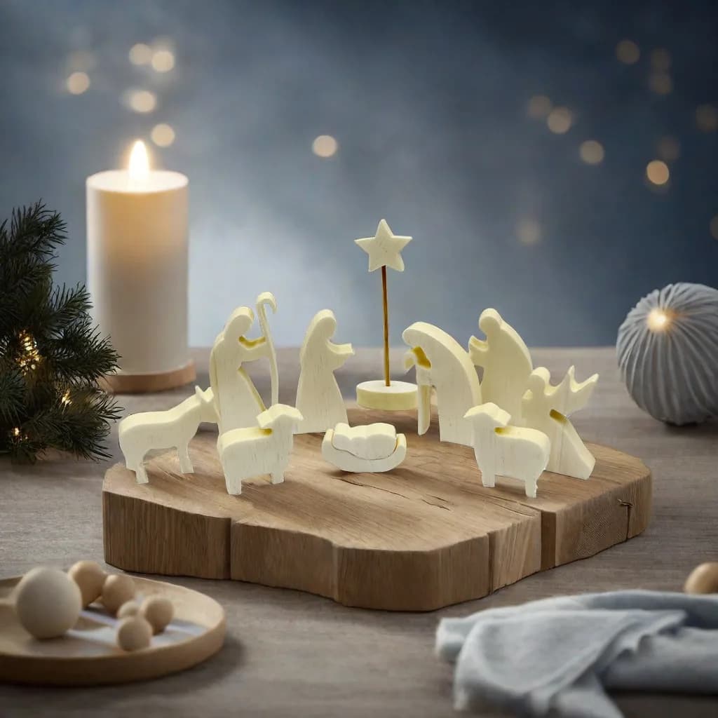 Wooden Nativity Set with 11 Natural Wood Figurines