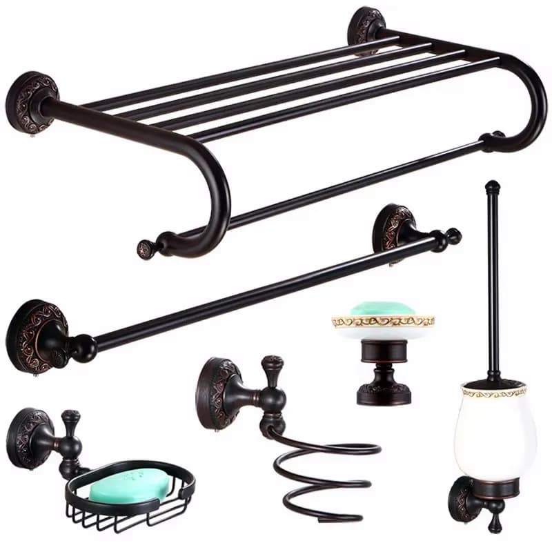 Bathroom Accessories Black Ancient Carved Toilet Brush Holder Solid Brass Bath Hardware Sets Soap Dish Retro Basket Paper Holder
