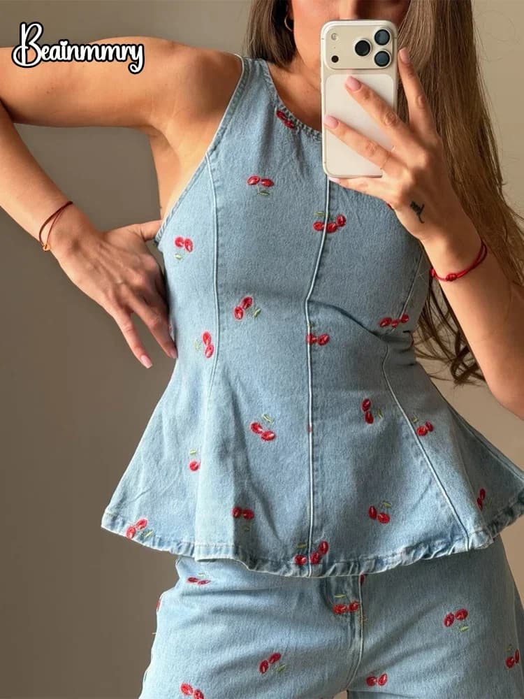 Denim Printed Sleeveless 2-Piece Suit Set