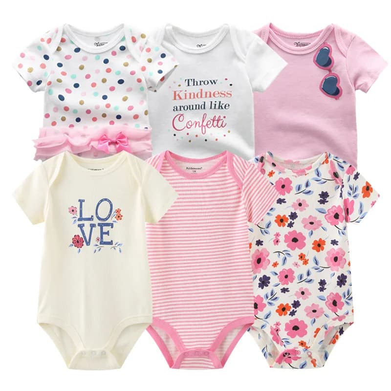 Newborn Bodysuits Cotton Cartoon Baby Girl Clothes Set 6Pieces Short Sleeve Baby Boy Clothes Summer Solid Color Bebes