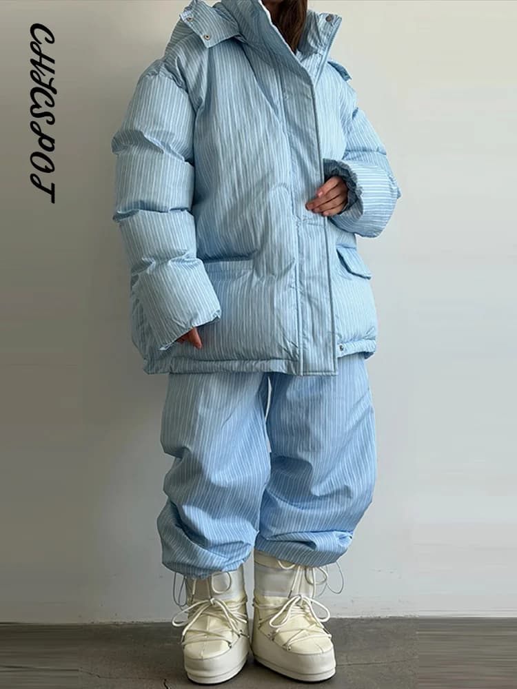 Women's Striped Hooded Padded Jacket and Lantern Pants Set