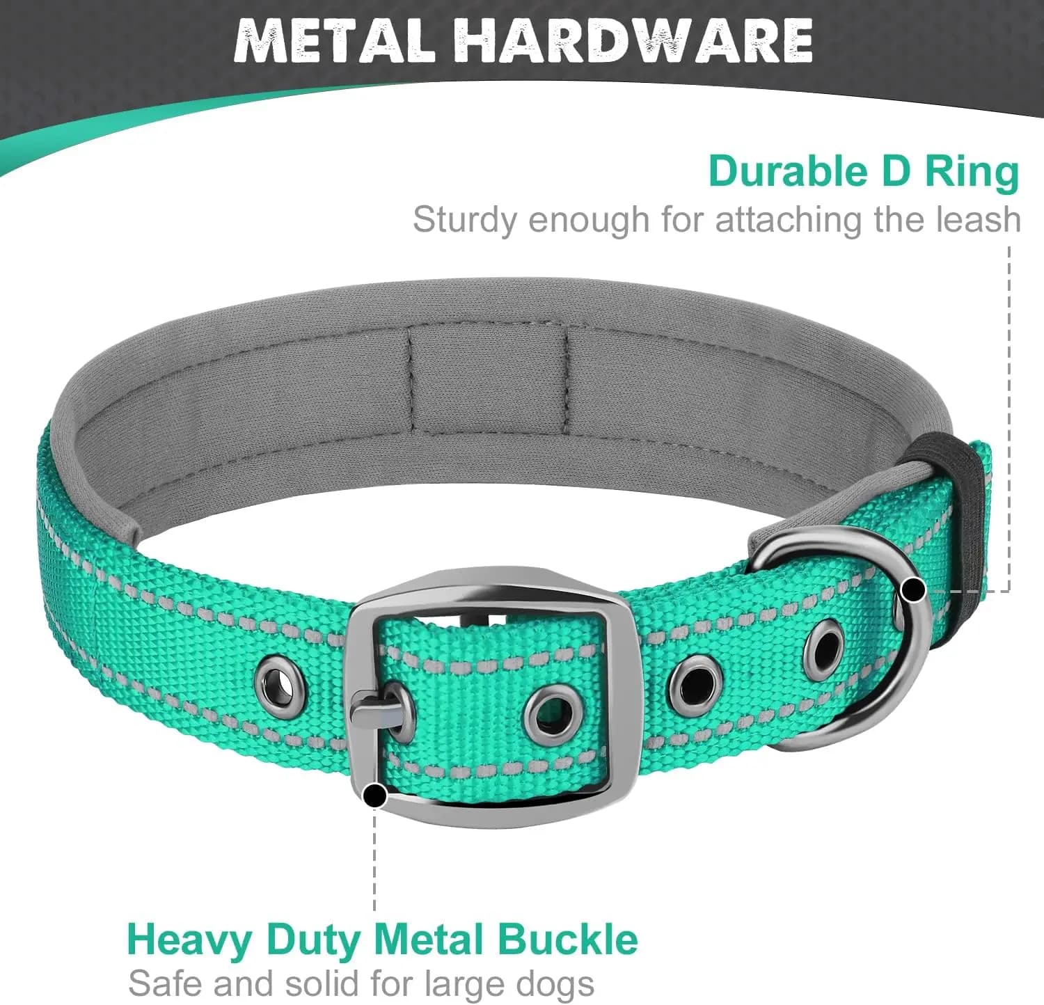 Padded Reflective Dog Collar with Metal Buckle