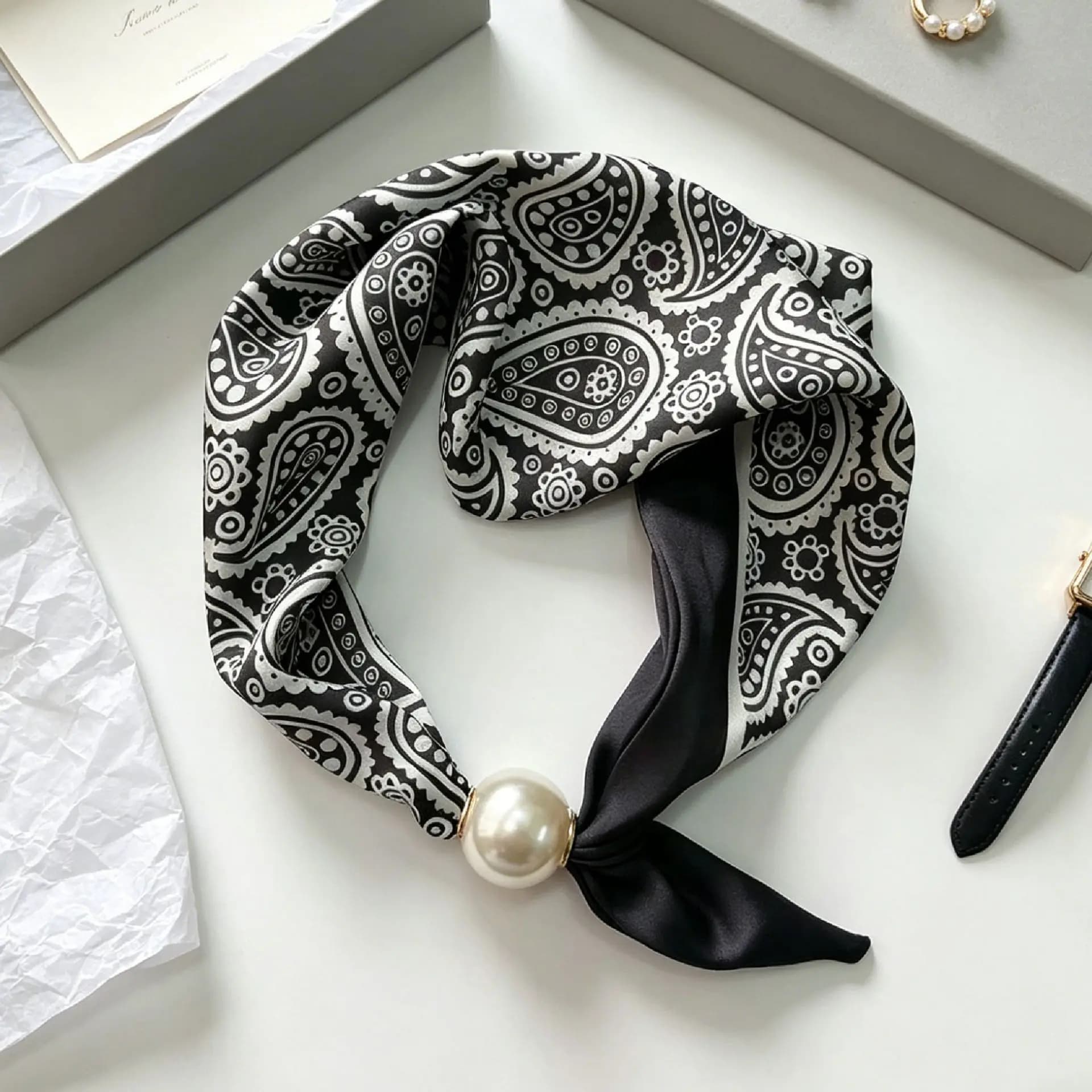 Pearl Stripe Magnetic Buckle Scarf
