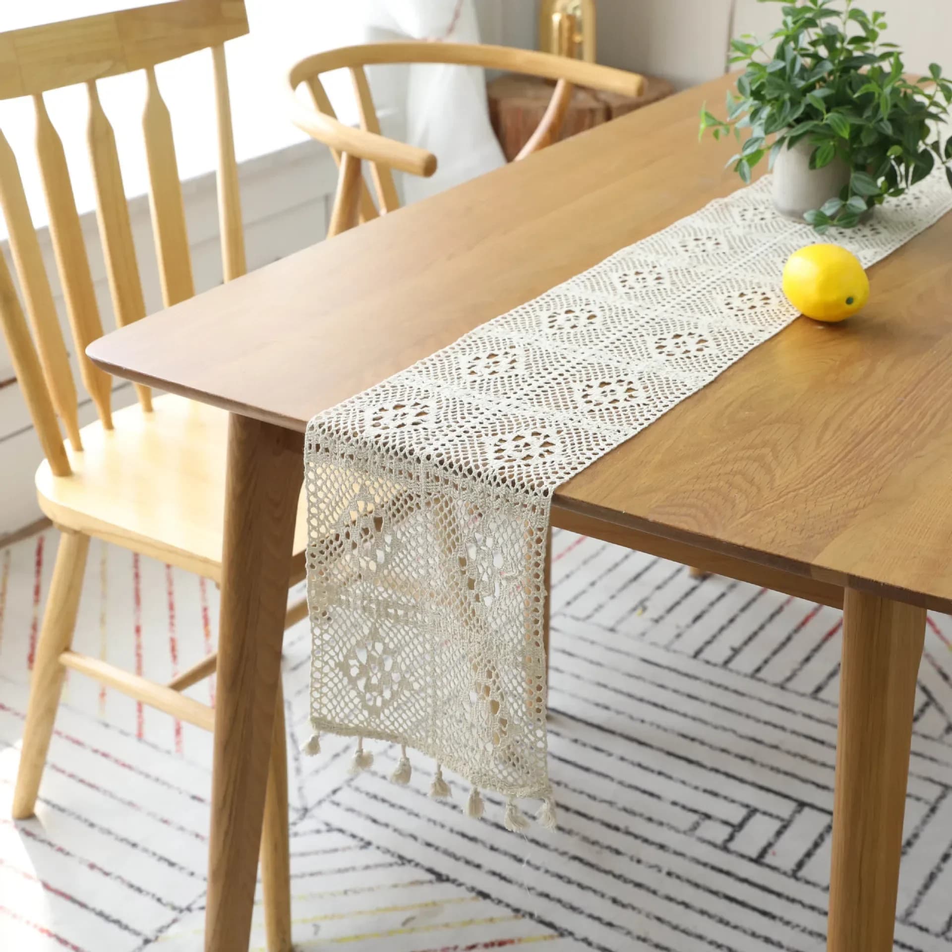 White Jacquard Table Runner With Tassel