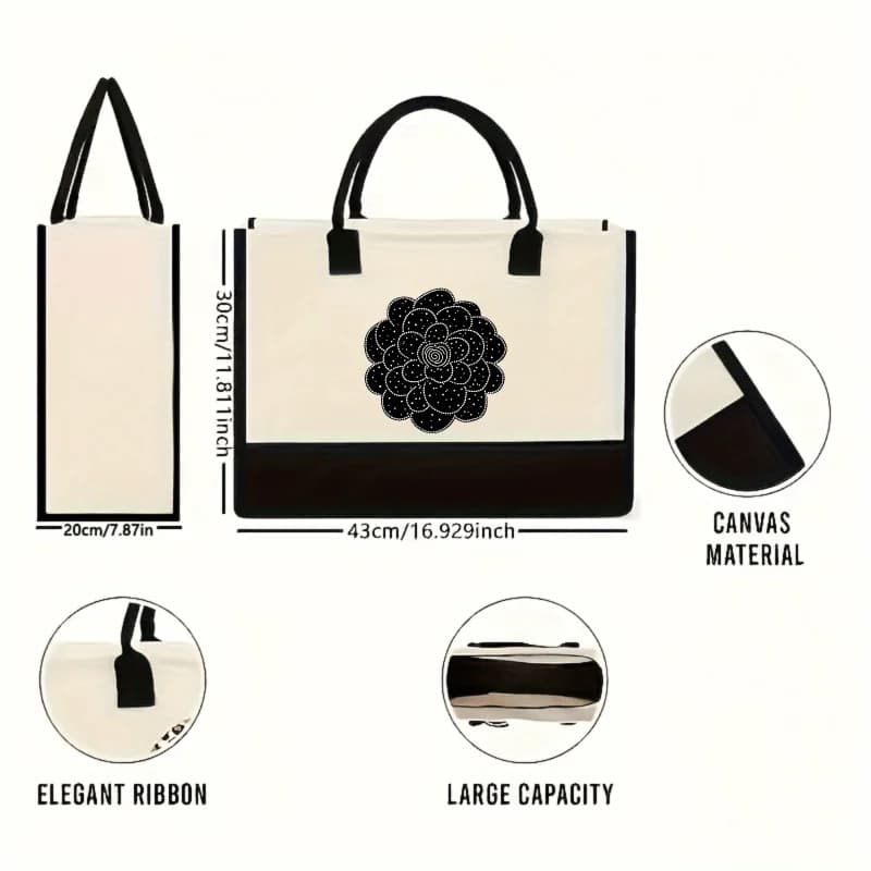 Cream and Black Floral Spiral Canvas Tote